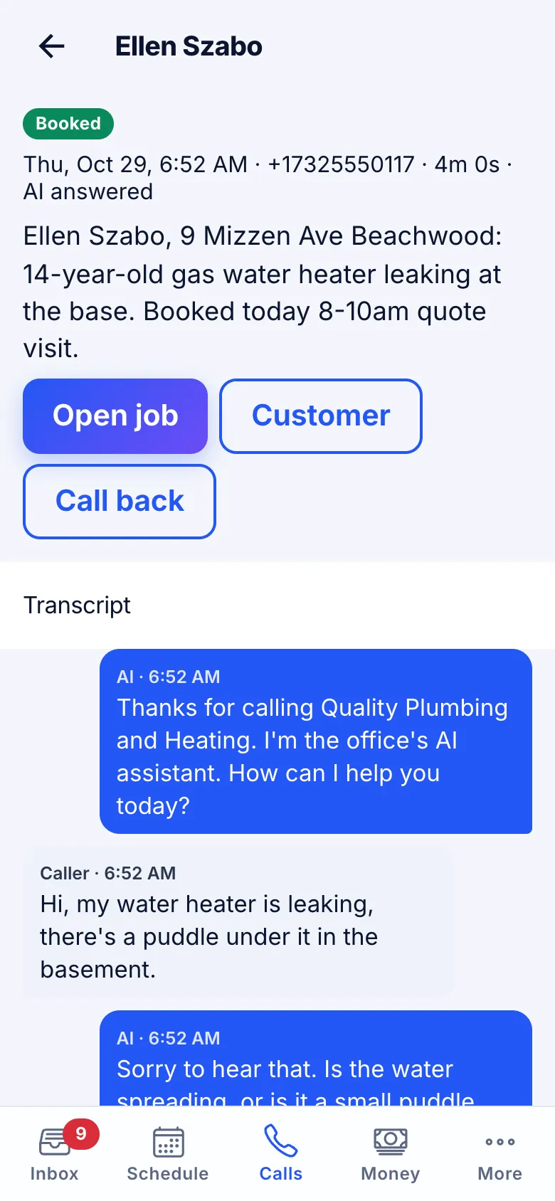 A call transcript: the AI booked a water heater visit for today between 8 and 10